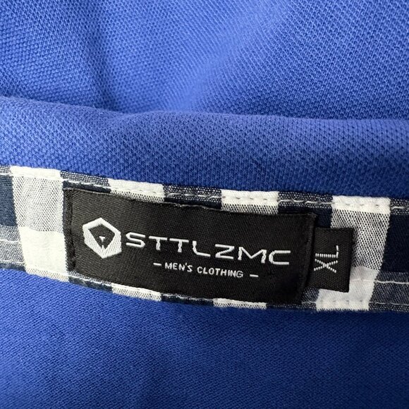 STTLZMC Polo Shirt Mens Size XL Blue Plaid Collar Short Sleeve Casual Comfy - Picture 4 of 7